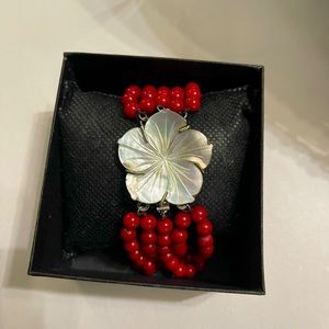 Red Corral Multi Strand Bracelet Mother of pearl flower on Sterling Silver clasp